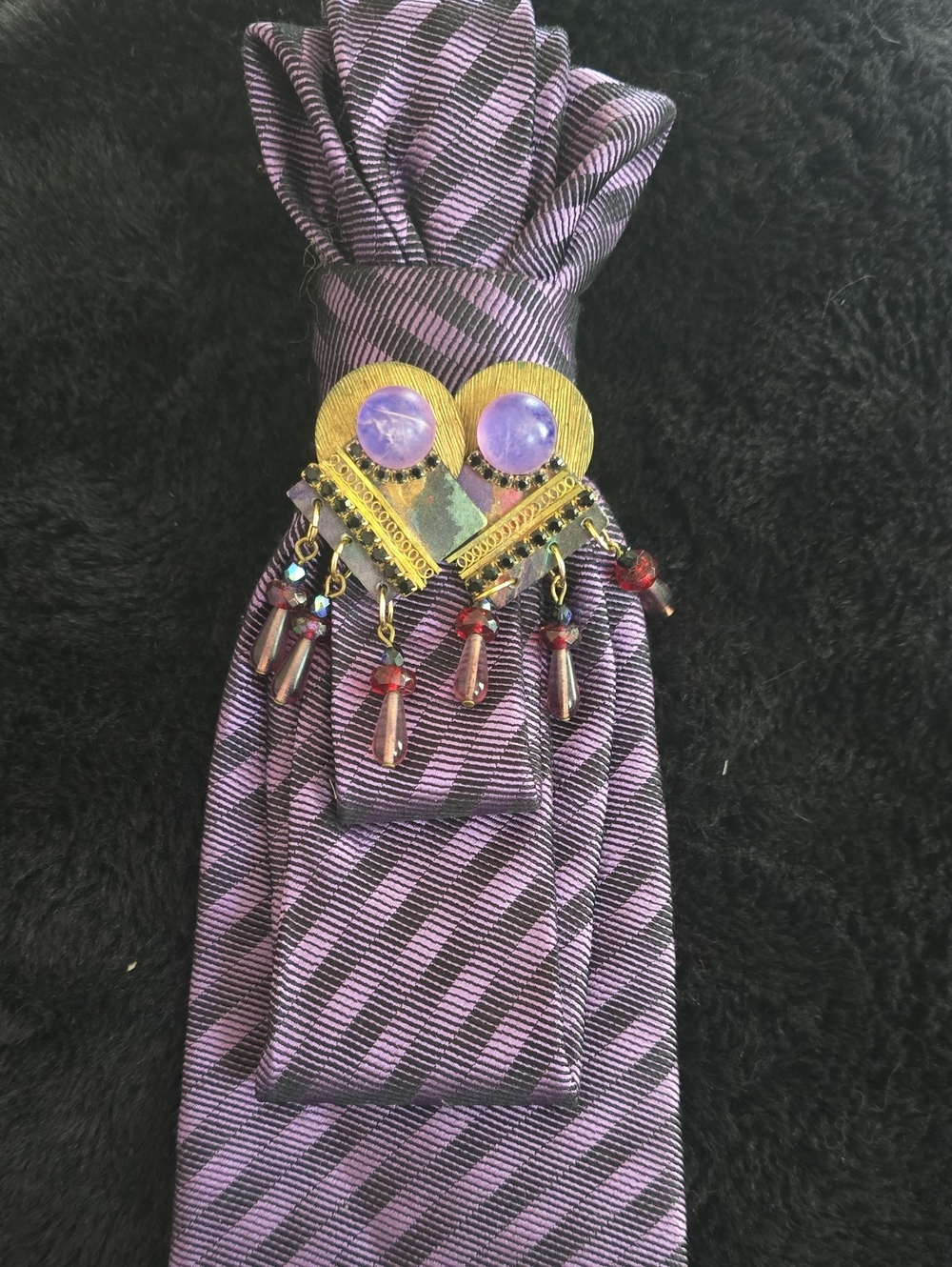 Black & Purple Hand Designed Decorative Necktie with Heart Accent